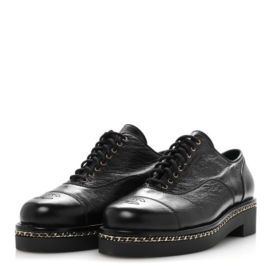 CHANEL シャネル CHANEL Shiny Crumpled Lambskin CC Lace Up Oxfords 41 Black