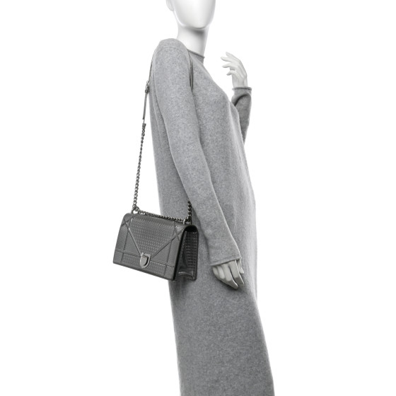 CHRISTIAN DIOR Metallic Patent Micro-Cannage Medium Diorama Flap Bag Silver