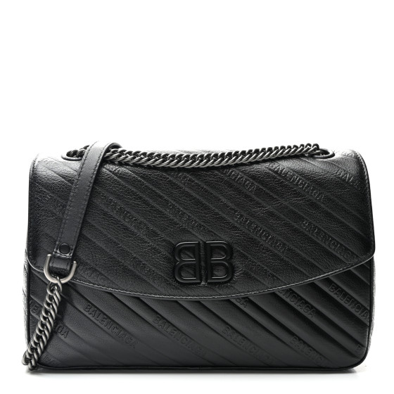 BALENCIAGA Shiny Goatskin Logo Embossed Monochrome M BB Round Shoulder Bag Black