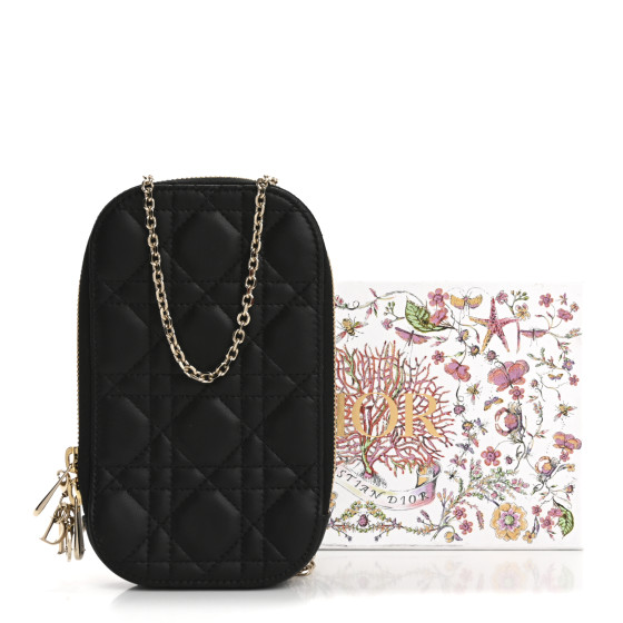 CHRISTIAN DIOR Lambskin Cannage Lady Dior Phone Holder Black