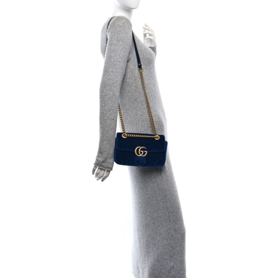 GUCCI Velvet Matelasse Mini GG Marmont Shoulder Bag Cobalt Blue