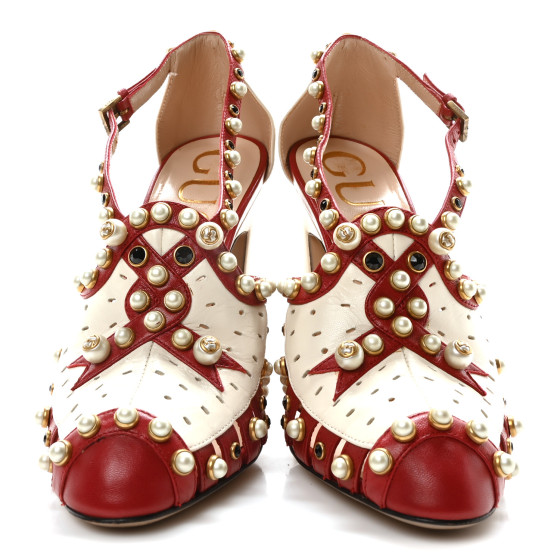 チェリー GUCCI Calfskin Pearl Studded Tracey Pumps 36 Red White