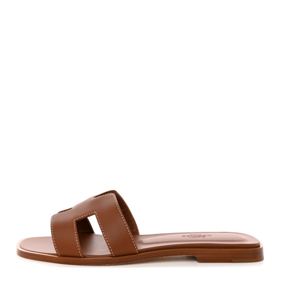 HERMES Box Calfskin Oran Sandals 37 Gold 1450582 | FASHIONPHILE