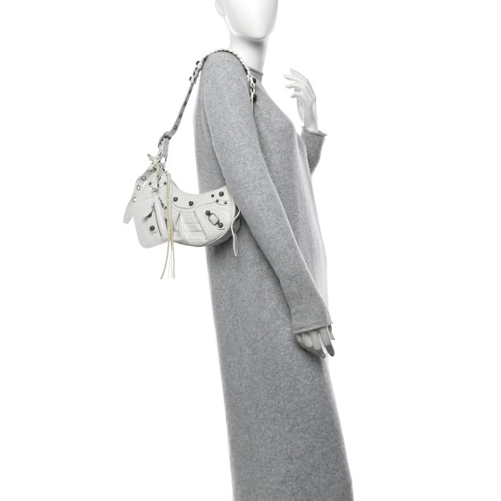 BALENCIAGA Extra Supple Calfskin Crocodile Embossed Le Cagole Shoulder Bag XS Optic White