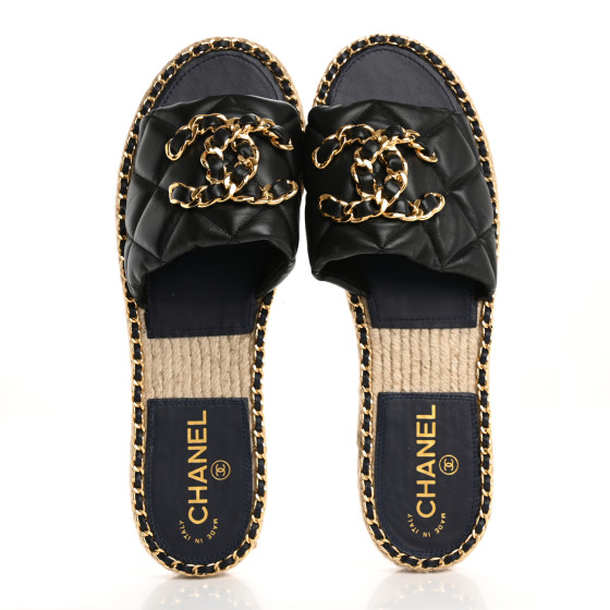 CHANEL Lambskin Quilted CC Chain Espadrille Mules 40 Black