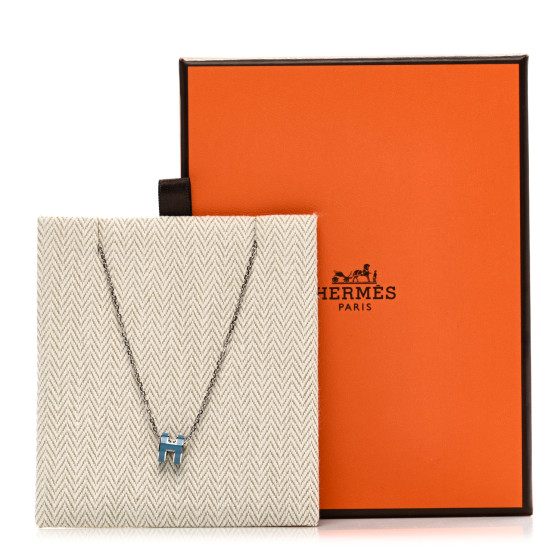 HERMES Lacquered Palladium Mini Pop H Pendant Necklace Bleu