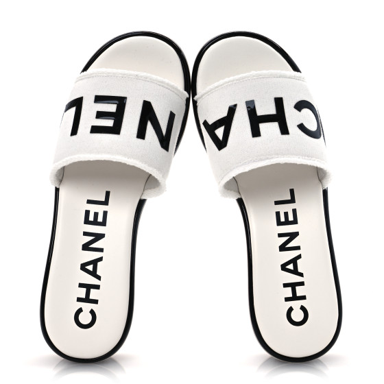 シャネル ミュール CHANEL Cotton Logo Mule Sandals 39 White Black 1684008