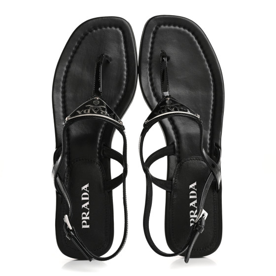 PRADA Vernice Metal Triangle Logo Slingback Flat Thong