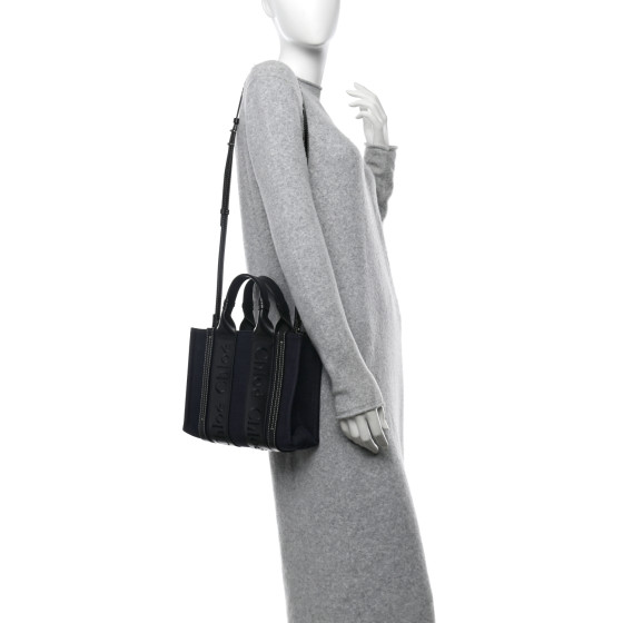CHLOE Calfskin Linen Small Woody Tote Deep Denim