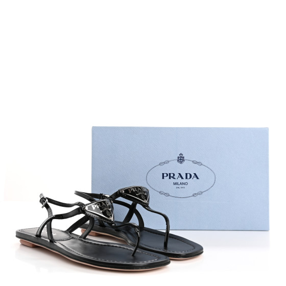 PRADA Vernice Metal Triangle Logo Slingback Flat Thong