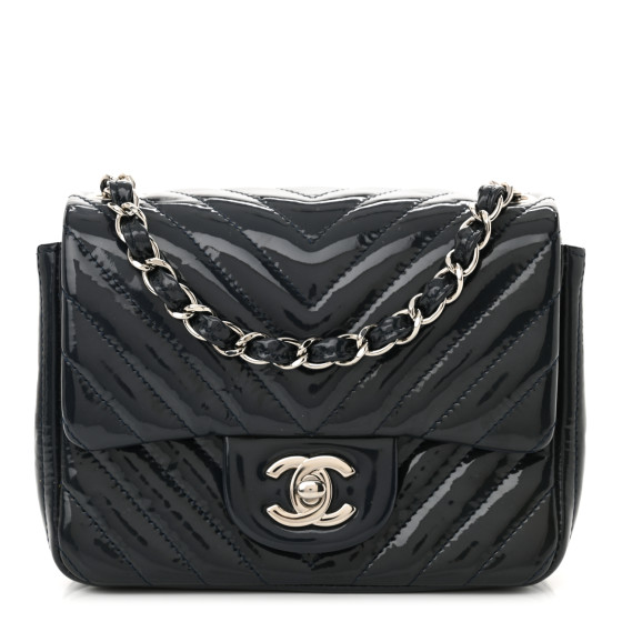 CHANEL Patent Chevron Quilted Mini Square Flap Dark Blue