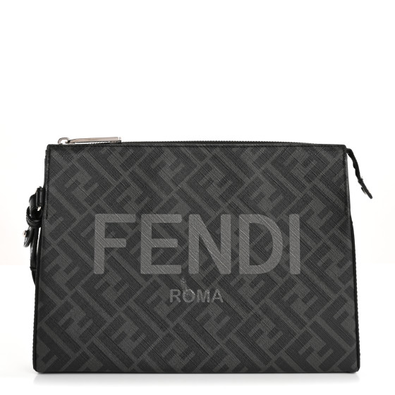 FENDI Shiny Glazed Fabric Vitello Cover FF 1974 Logo Clutch Black