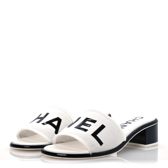 シャネル ミュール CHANEL Cotton Logo Mule Sandals 39 White Black 1684008