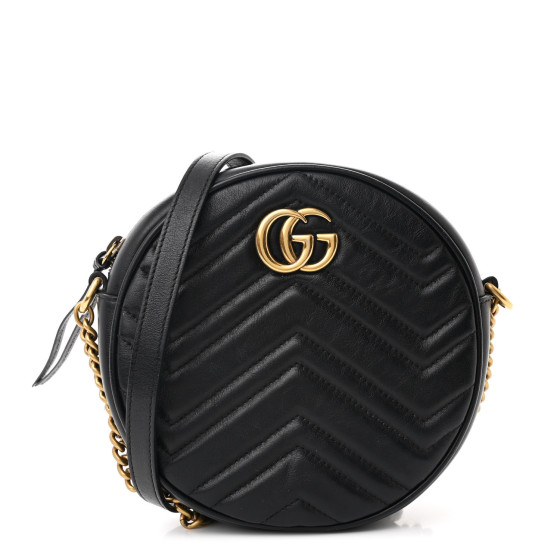 GUCCI Azalea Calfskin Matelasse Heart Mini GG Marmont Round Shoulder Bag Black
