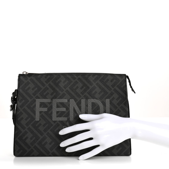 FENDI Shiny Glazed Fabric Vitello Cover FF 1974 Logo Clutch Black