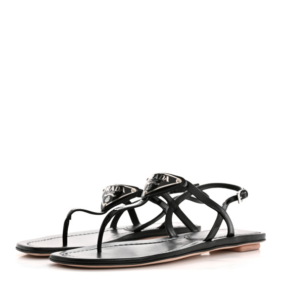 PRADA Vernice Metal Triangle Logo Slingback Flat Thong