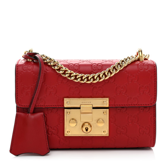 GUCCI Guccissima Small Padlock Shoulder Bag Hibiscus Red