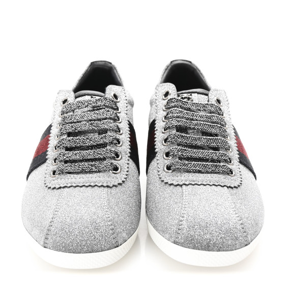 GUCCI Glitter Fabric Studded Web Womens Sneakers 36.5 Silver