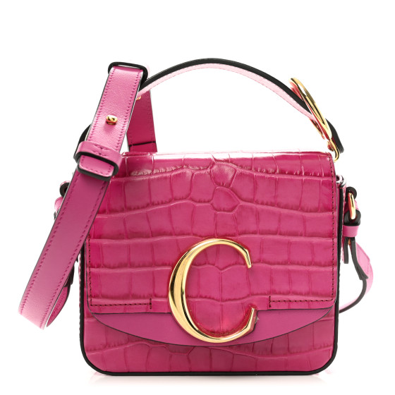 CHLOE Calfskin Crocodile Embossed Mini C Double Carry Graphic Pink