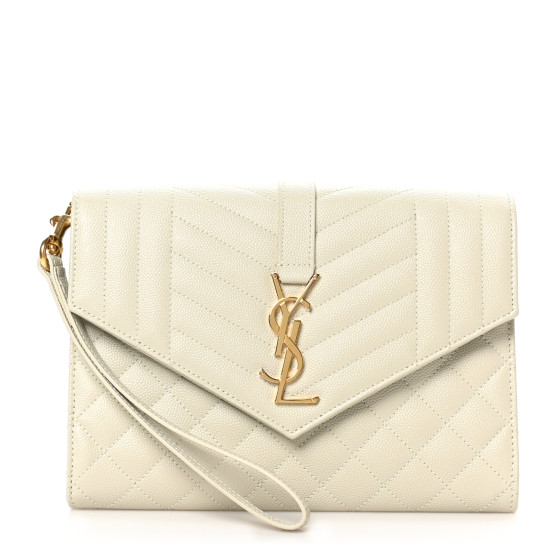 SAINT LAURENT Grain De Poudre Textured Mixed Matelasse Triquilt Monogram Clutch Blanc Vintage