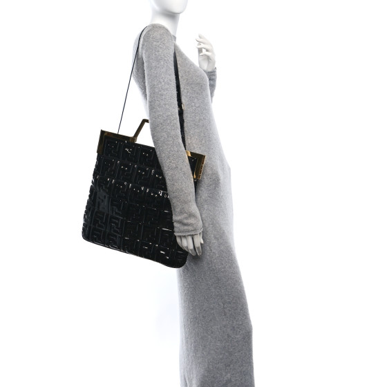 FENDI Patent FF 1974 Embossed Medium Shopping Flap Bag Black