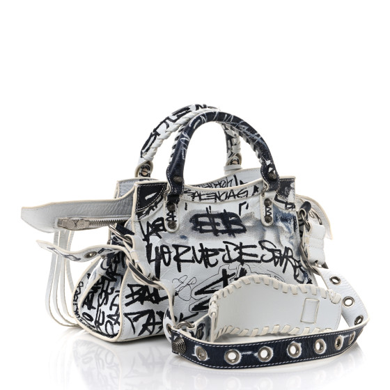 BALENCIAGA Agneau Arena Graffiti Neo Cagole Handbag XS White