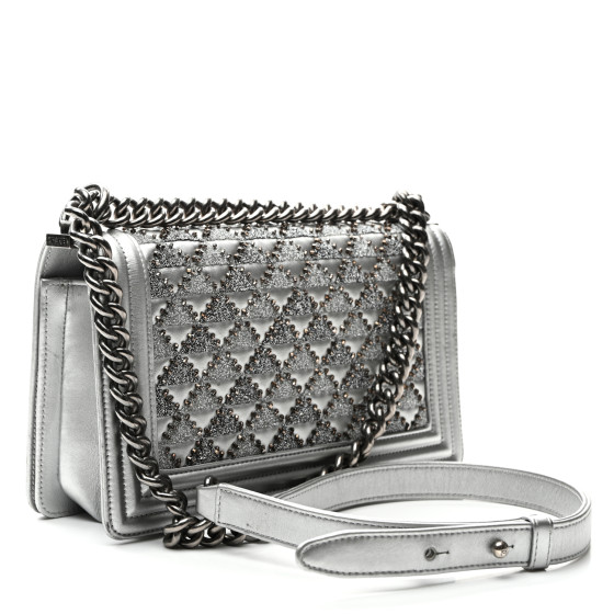CHANEL Metallic Lambskin Embellished Medium Boy Flap Silver
