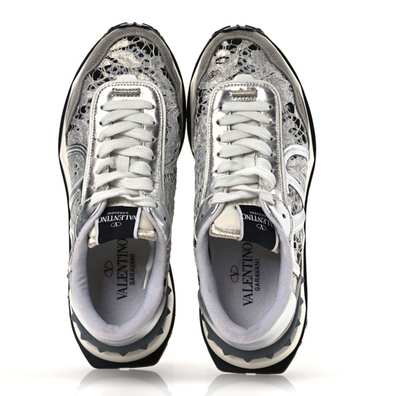 VALENTINO GARAVANI Metallic Calfskin Lace Mesh Lacerunner