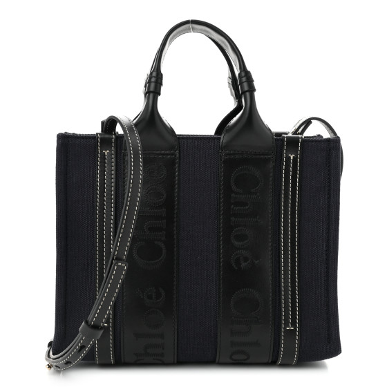 CHLOE Calfskin Linen Small Woody Tote Deep Denim