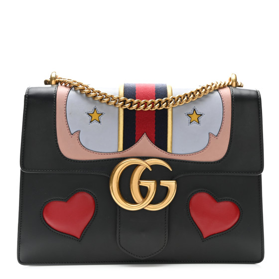 GUCCI Calfskin Web Heart Medium GG Marmont Chain Handle Bag Black