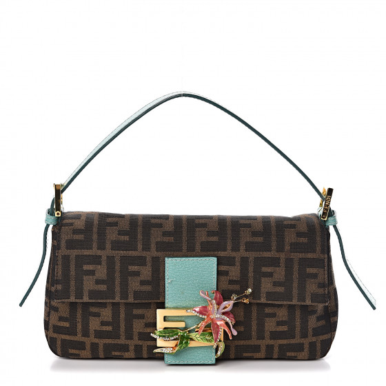 FENDI Zucca Crystal Flower Baguette Tobacco Turquoise 477726