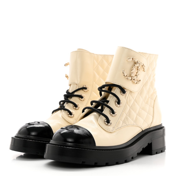 CHANEL Shiny Calfskin Quilted Lace Up Combat Boots 37 Ivory