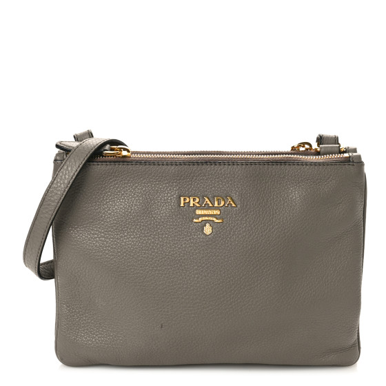 PRADA Vitello Phenix Double Zip Crossbody Bag Argilla