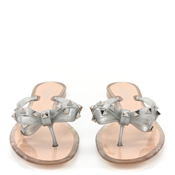 VALENTINO GARAVANI PVC Jelly Glitter Rockstud Bow Thong Sandals 39 Silver