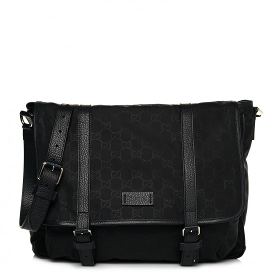 GUCCI Nylon Monogram Double Buckle Flap Messenger Bag Black
