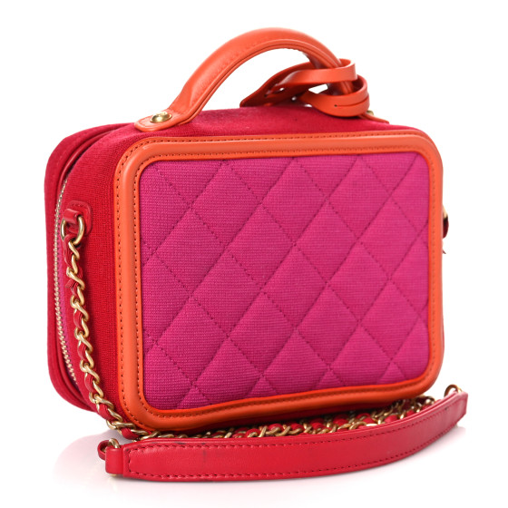 CHANEL Jersey Quilted Small CC Filigree Vanity Case Pink Red