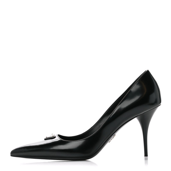 PRADA Spazzolato Metal Triangle Logo Pointed Toe Pumps 39 Black