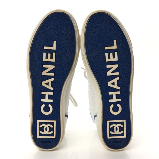 CHANEL Calfskin High Top Sneakers 38 White Blue 1399952