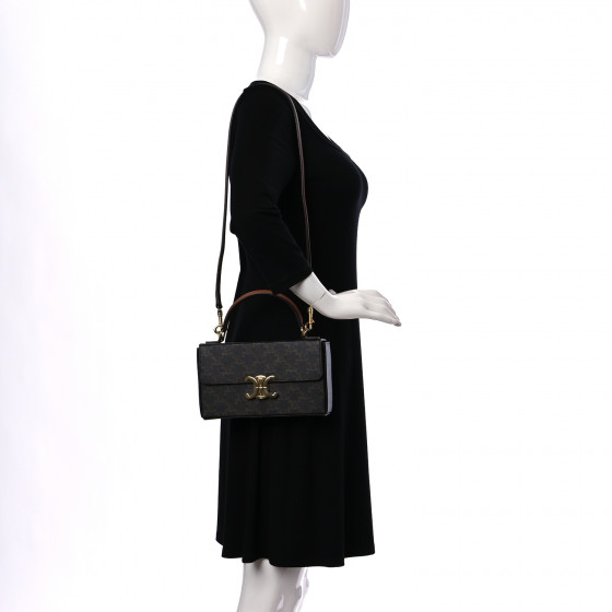 CELINE Canvas Calfskin Triomphe Box Top Handle Bag Tan