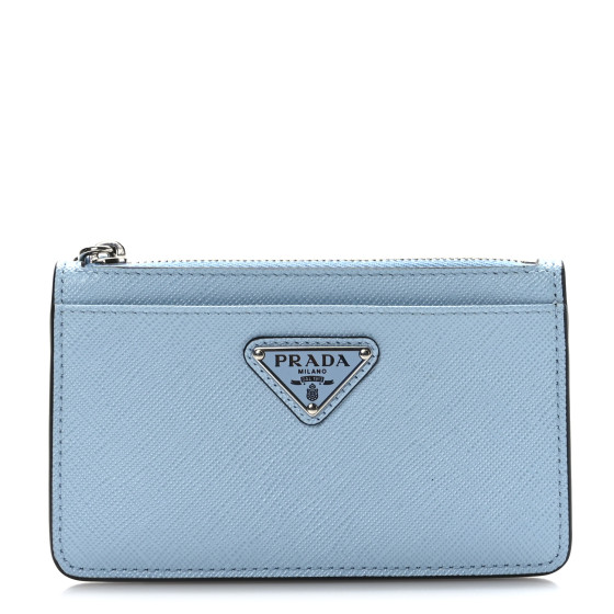 PRADA Saffiano Triangle Zip Card Holder Celeste