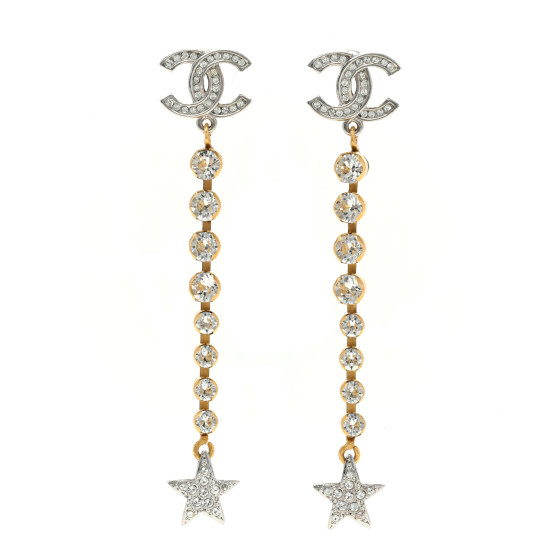 (•ᵕᴗᵕ•)⁾⁾ CHANEL Crystal CC Starfall Drop Earrings Silver 1701980
