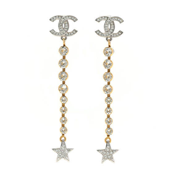 CHANEL Crystal Drop Long CC Earrings Silver Gold