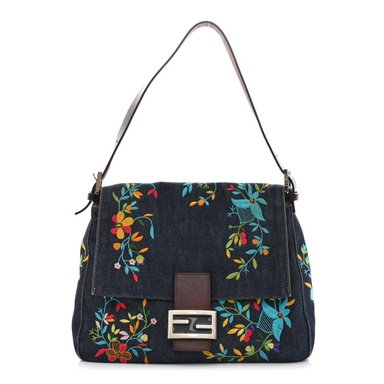 FENDI Denim Flower Embroidered Mama Baguette Blue 1144279