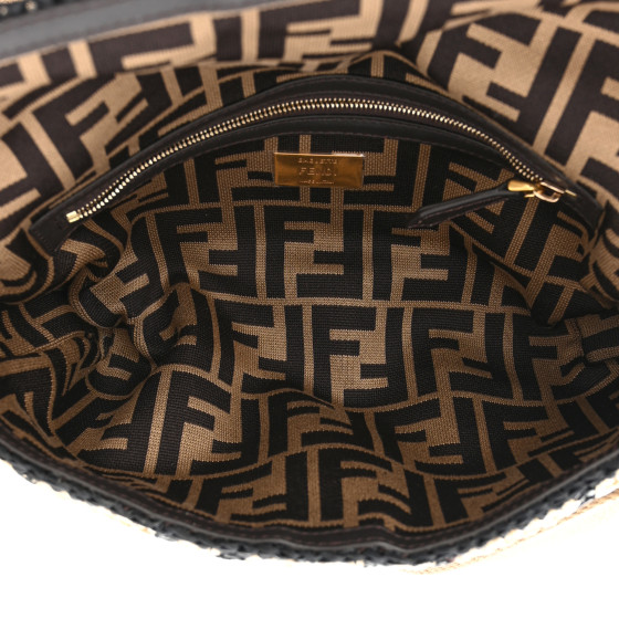 FENDI Raffia Vitello Dolce FF 1974 Crochet Baguette Black