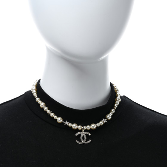 CHANEL Pearl Crystal CC Star Choker Necklace Gold 1502800