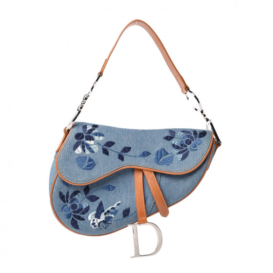 CHRISTIAN DIOR Denim Embroidered Saddle Bag Blue 743734