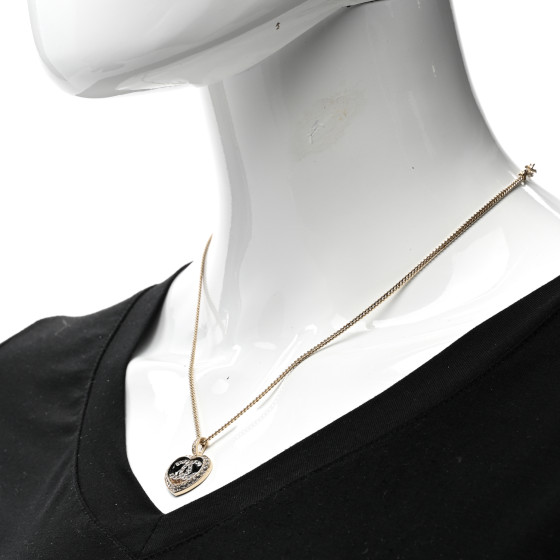 CHANEL Resin Crystal Glitter CC Heart Necklace Black Gold