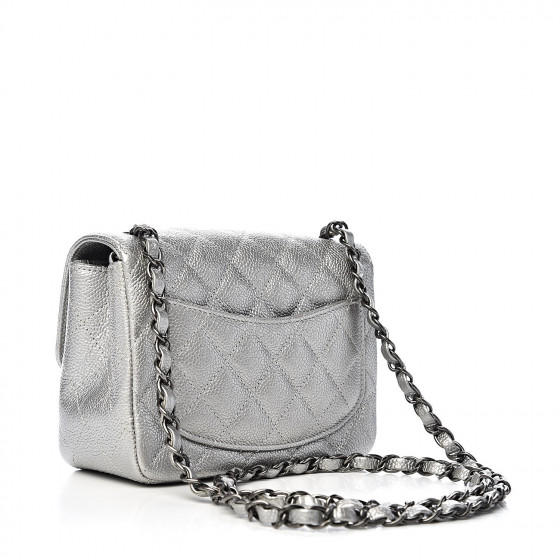 CHANEL Metallic Caviar Quilted Mini Square Flap Silver