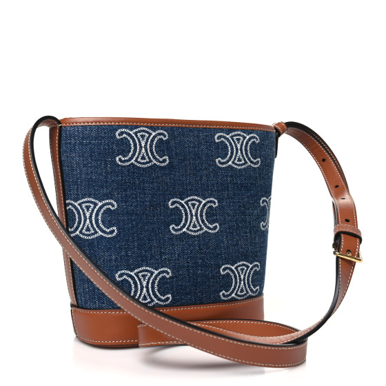 CELINE Denim Calfskin Triomphe Small Bucket Bag Blue 1629831
