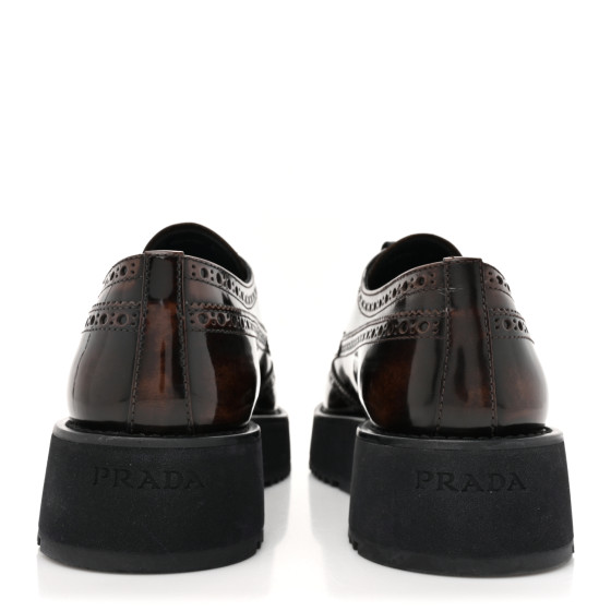 PRADA Spazzolato Fume Brogue Derby Loafers 40.5 Bruciato